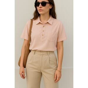 Vintage Ralph Lauren Country Popover Polo T-Shirt Rayon Pink Hong Kong Medium